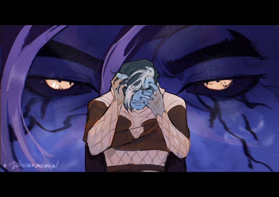 An illustration of Crow from Destiny 2 in the foreground, looking distressed. He is hunched over, hands grasping at his face. Crow seems to be crying, and is framed by the background: a close-up shot of Uldren's angry, glowing eyes gazing at the viewer. Corruption seeps through Uldren's blue skin and into his eyes, turning his scleras black.