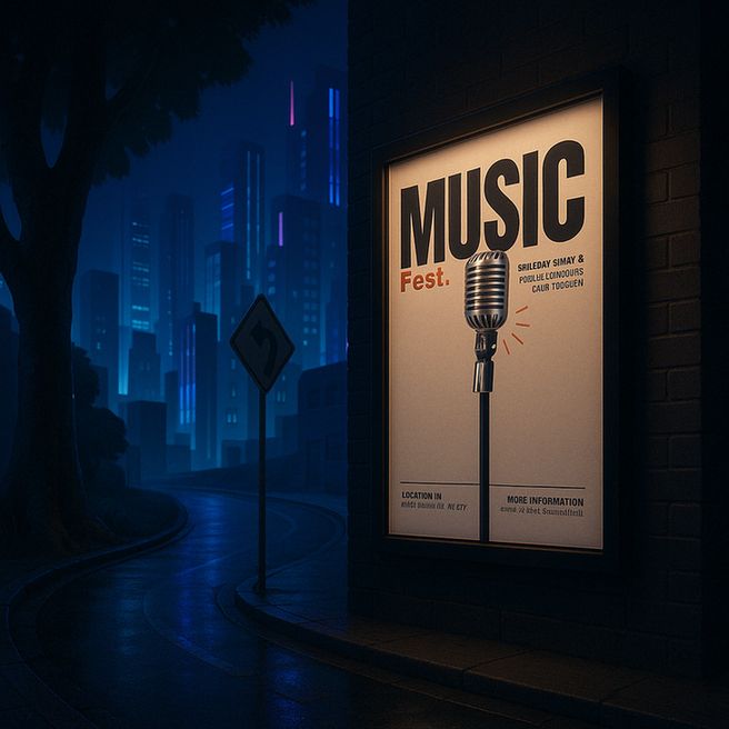 Take this 2D concert poster and turn it into a 3D street scene, with the poster displayed on a building wall in a neon-lit urban environment.