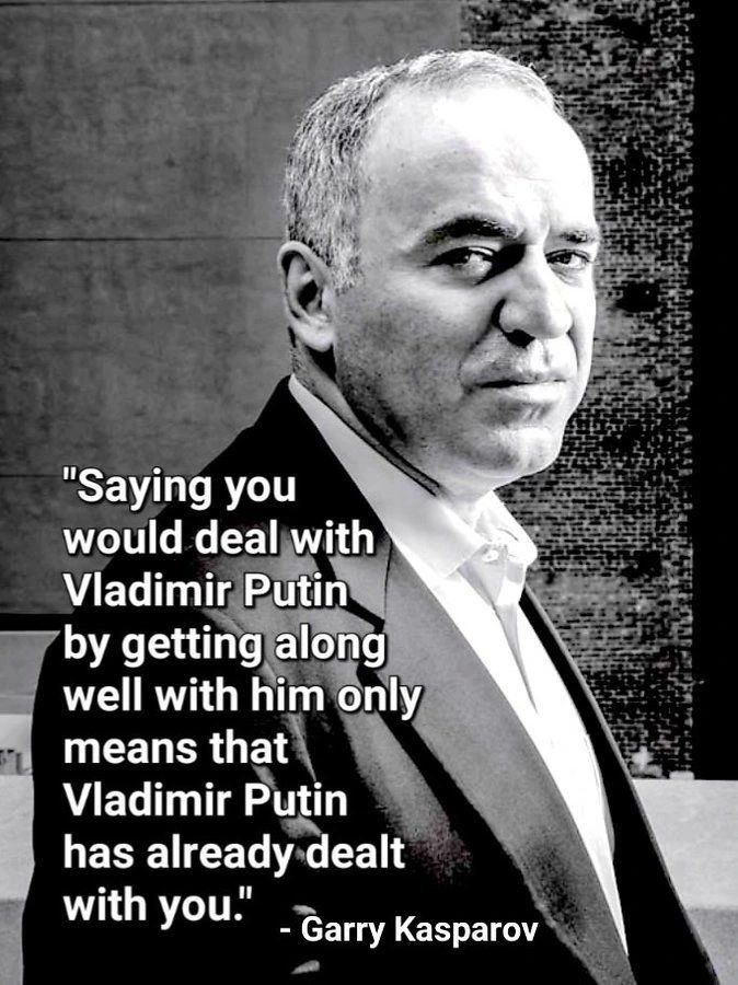 A quote from Garry Kasparov: ”Saying you would deal with Vladimir Putin by getting along well with him only means that Vladimir Putin has already dealt with you.”
