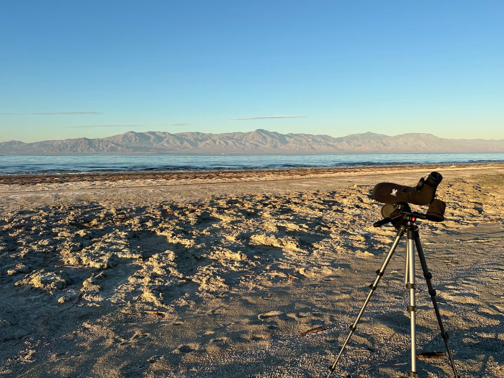 Photo looking out at shoreline of salton sea with mountains in the background. Blue sky overhead. Spotting scope on tripod is in foreground. 