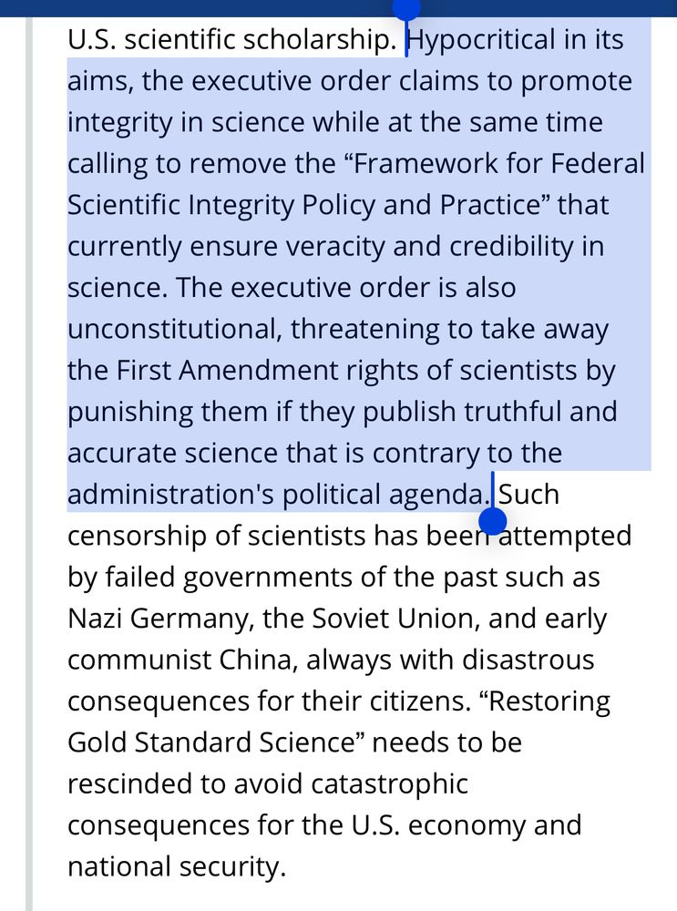 Screenshot of text excerpt: Hypocritical in its aims, the executive order claims to promote integrity in science while at the same time calling to remove the 