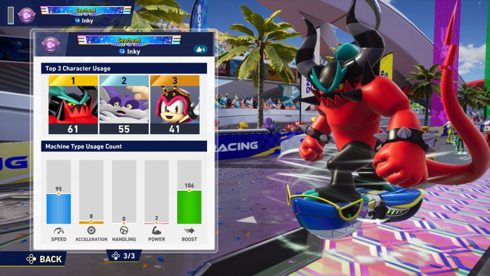 A third page of my statistics in Sonic Racing: CrossWorlds.