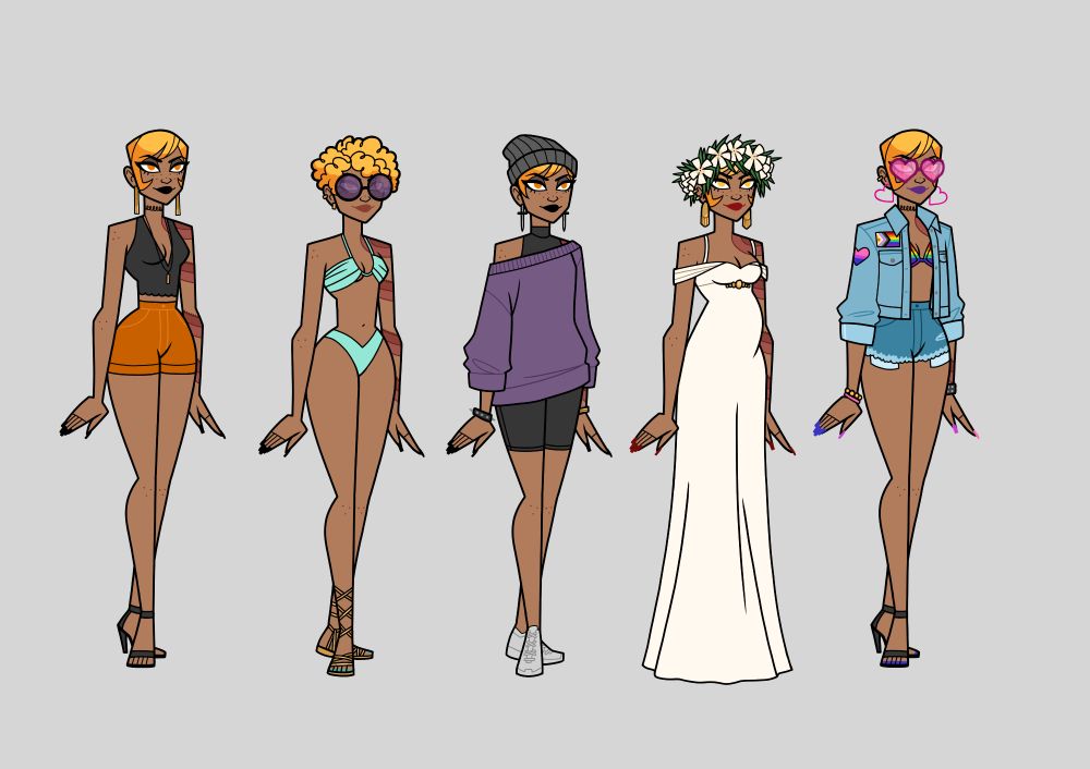 A stylized rendering of my OC Adette. She has dark skin with freckles and a red dragon tattoo on her left arm. She has yellow eyes and short blond hair. There is a line up of her in 5 outfits. Outfit 1: She wears black lipstick and dark eyeshadow along with a frilly crop top and orange short shorts. She wears some black high heels and long gold earrings. Outfit 2: She is wearing a neon teal bikini, golden gladiator sandals with big purple sunglasses. Her hair is loose and curly. Outfit 3: She wears an oversized purple sweater, a sleeveless turtleneck underneath and some black bicycle shorts. She also wears white sneakers, a grey beanie and some sword shaped earrings. Outfit 4: She wears an off the shoulder wedding dress with safety straps--she is also six months pregnant. She wears a flower crown of plumeria flowers as well. Outfit 5: She ears frayed denim short shorts that are so short the pockets are hanging out along with a rainbow bra underneath a light denim jacket. The jacket has a heart shaped bi-flag on the arm and a progress pride flag on the chest. She wears her default black heels along with some pink heart earrings and pink heart shaped sunglasses. 