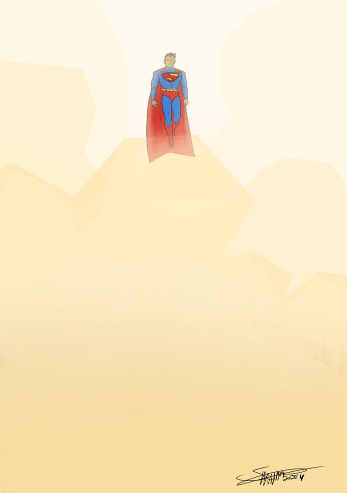 Fanart of Superman floating in sky, blown out by the sun with dust clouds settling.
