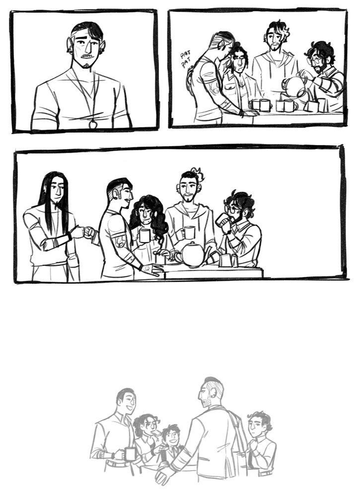 Black and White comic page. Panel 1: Fenuxe stares at his off panel siblings with a small smile. He still looks sad but happy for the company. Panel 2: Shot of all four siblings at the island. Fenuxe wipes his eyes as Saltir pats him on the back. Kira smiles as he watches Fenuxe. Virago is pouring out some tea for everyone. Panel 3: Everyone is still at the island and talking as some time has passed. Fenuxe is holding his mug as he talks. Saltir has his hair down now and is holding out a fist as Davin walks by, returning the fist bump. Kira holds his mug, his shaggy hair up in a little ponytail now. Virago sips from their mug as he listens to Fenuxe. Panel 4: A lower opacity image of the same island that all five of the brothers stand at while being much younger. Toeranz is standing at the side that had been empty in the above panels, dressed in his uniform and talking to a teenage Fenuxe who is tie-less and missing his jacket. Fenuxe is drinking some coffee and talking with a big smile. Beside him is a very young Kira trying to talk to Toeranz as a young teenage, Saltir with shorter hair holding a pop tart in his mouth and is digging through Kira's backpack. A younger Virago with no beard or glasses ties his tie as he looks up at Toeranz. 