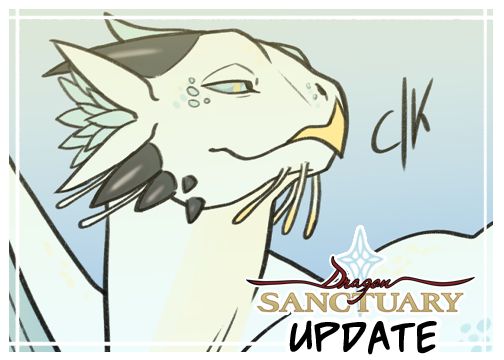 Text: Dragon Sanctuary Update
Image: Saphine looking smug and clicking her beak