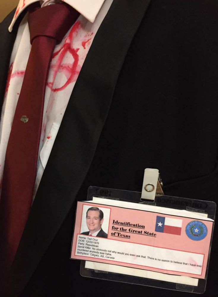 The name tag, closer up, has the Texas flag and seal and a photo of Ted Cruz. It says Identification for the Great State of Texas in larger type and then below
Name: Ted Cruz
DOB: 12/22/1970
Party: Republican
Serial Killer: No, obviously not why would you even ask that. There is no reason to believe I have ever murdered anybody ever haha.
Birthplace: Calgary, AB, Canada