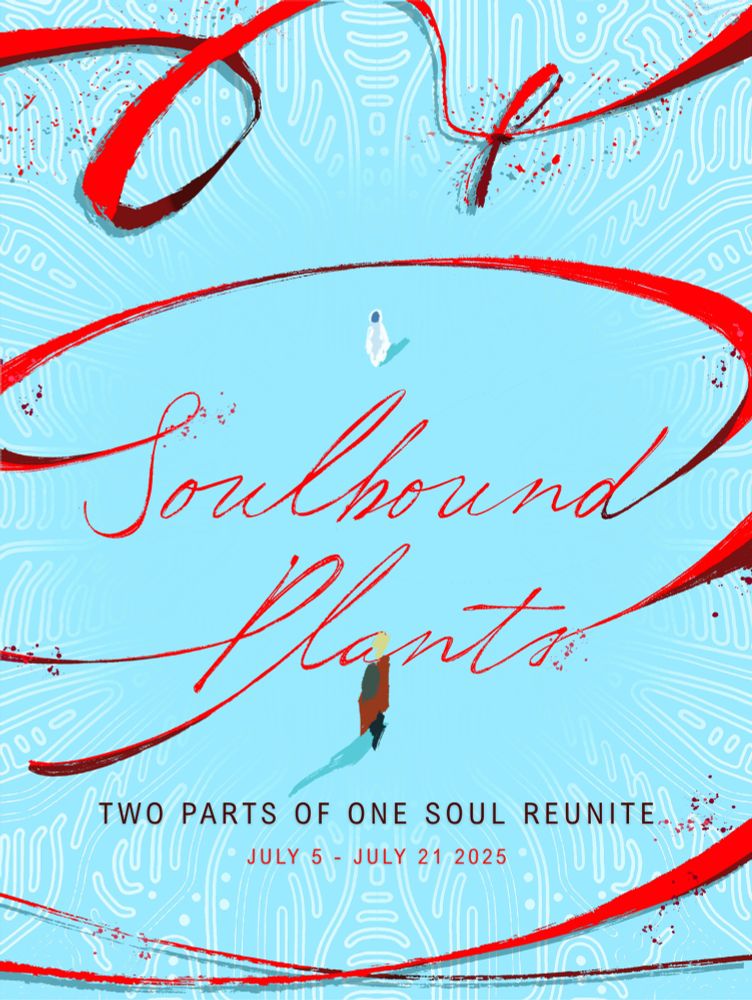 Soulbound Plants: Two Parts of One Soul Reunite. July 5 to July 21, 2025. Knives and Vash stand opposite each other on a bright teal surface lit with plant markings and encircled by a red thread of fate that ties itself firmly into the very words of the event.
