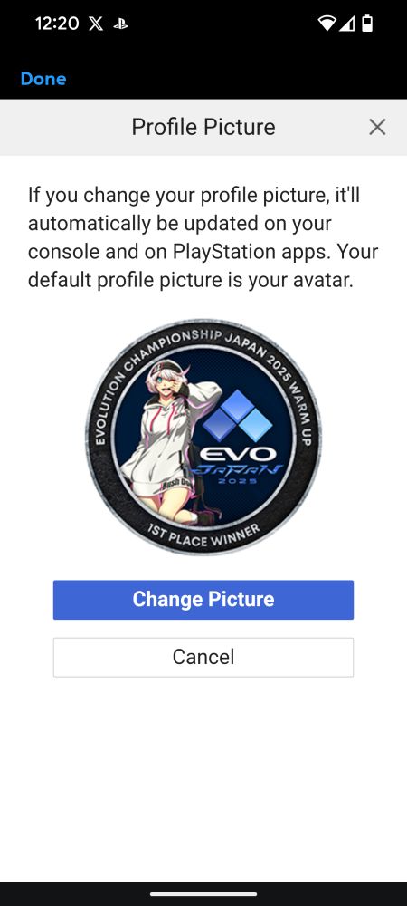 PlayStation app page to change the user's profile picture. The selected picture is of Elphelt from Guilty Gear, next to the EVO Japan 2025 logo.