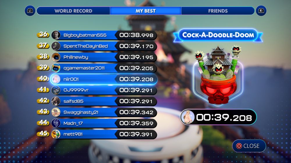 Astro Bot leaderboard for level "Cock-A-Doodle-Doom". My time set at 00:39.208 and getting 40th.