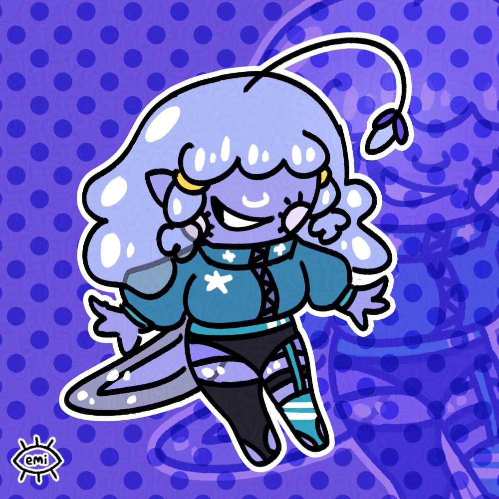 Digital art of a character with lilac skin and aquatic features. Their skin and hair are translucent, as if made of liquid. Their eyes are covered by their bangs and a there is an anglerfish-style antenna poking out of their head.