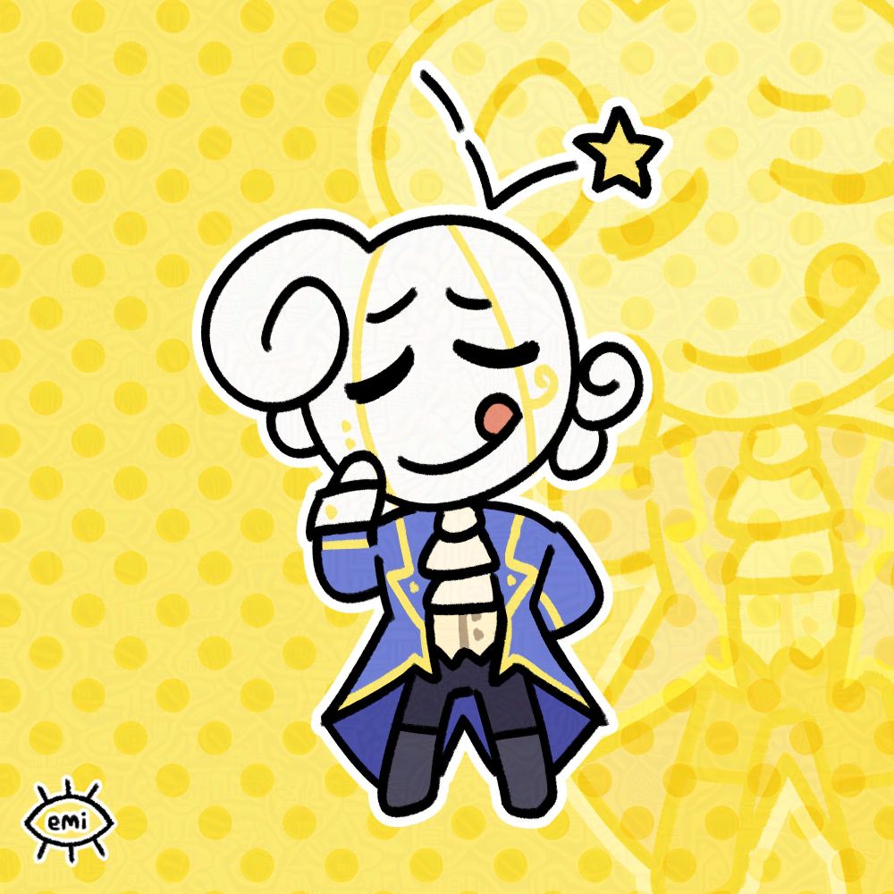 Digital art of a character with a blue formal coat and a cravat. He is sticking his tongue out in a playful way while a cartoon star bonks him over the head, aka the "tehe pero" face.