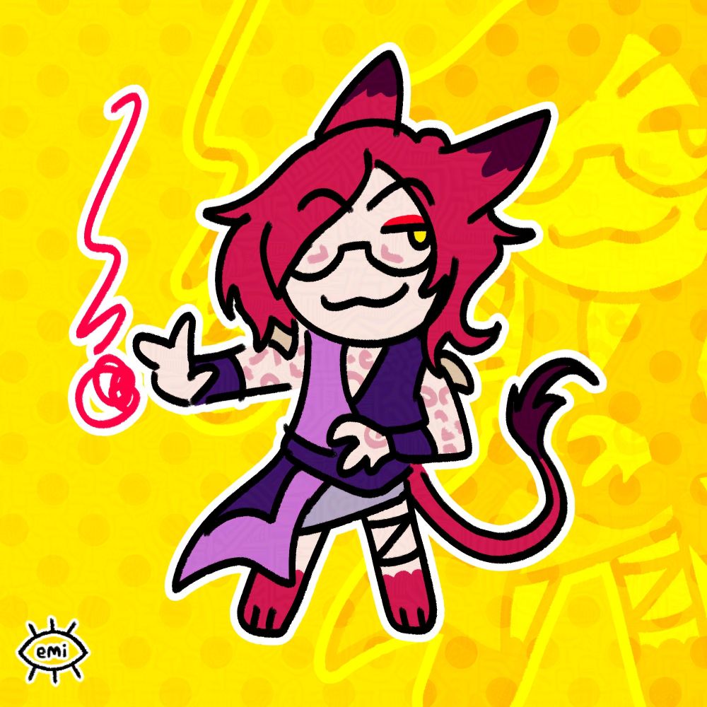 Digital art of a character with red hair, cat ears, and a tail. He is casting a spell and looking mischievously at the viewer.