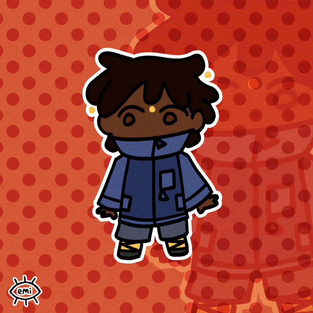 Digital art of a character with dark brown hair and a big blue windbreaker. Yellow beads adorn the tips of his dreads and he has bandages on his legs.
