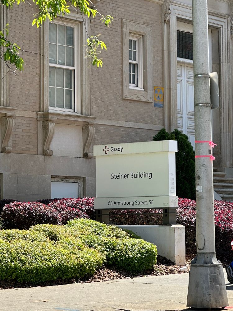 Picture of a sign outside of a Grady Hospital building that says “Steiner Building.” I am making a very dumb wrestling joke here.