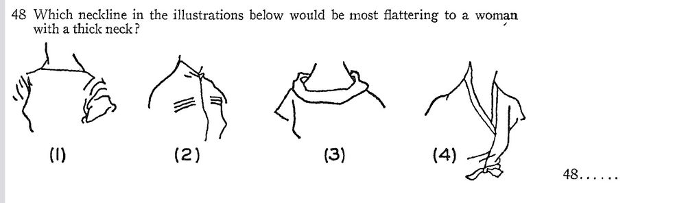 Which neckline in the illustrations below would be most flattering to a woman with a thick neck? 1 shows a boat necked collar, 2 shows something tied up at the neck, 3 shows a loose cowl, 4 shows a wrap shirt with a v-neckline