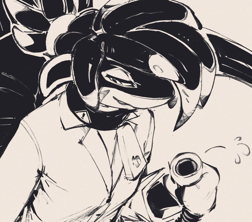 Same image, but zoomed in on Acid's sly lil expression as it holds the tube in its mitt-like hand. It has a thick rubber collar with a warning exclamation mark in a hazard triangle, with an attached giant zipper hanging down as well. Its "hair" is composed of big inflatable rubber tubes.