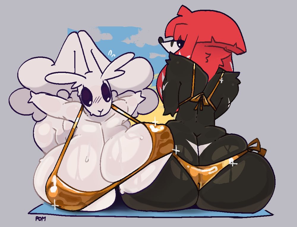 Characters: Monarch and Maxime Allard Beaufroy. Monarch, an albino Lopunny, seems to admiring her team leaders MASSIVE ass in a gold bikini. Maxime, a Furfrou, is indifferent.