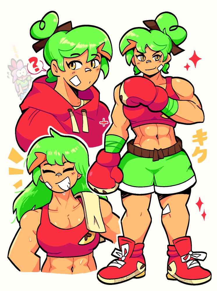 oc Kiku Braeburn, a female boxer with an apple motif. there are three drawings of her showcasing her different looks. hey there’s a Pastelle too!

text: キク (Kiku)
kocakup