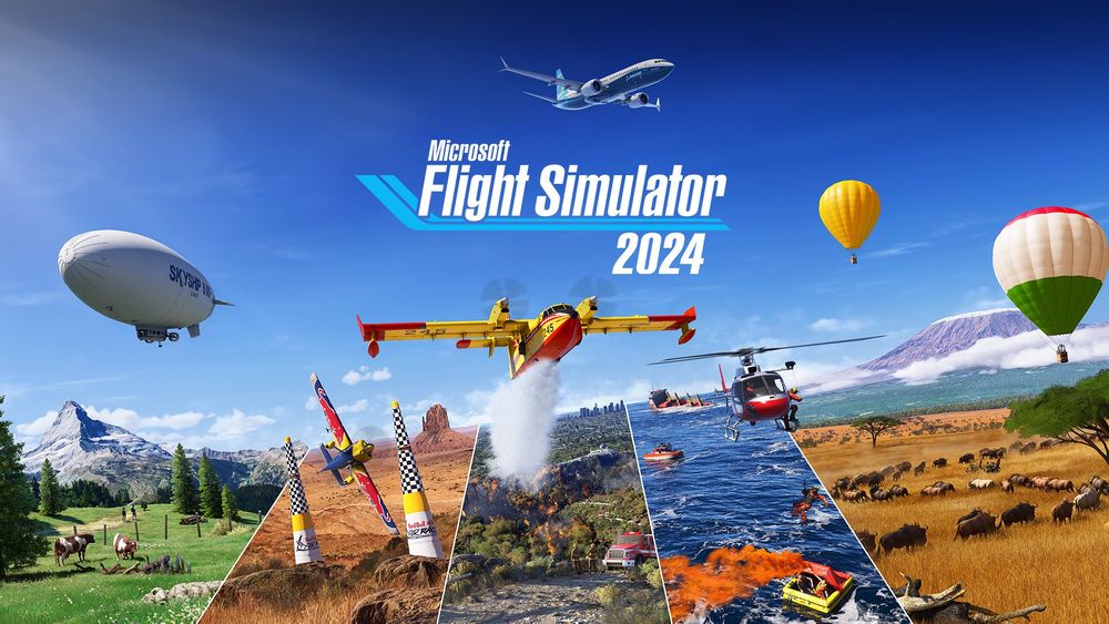 Official release poster of flight simulator 24. colorful image showcasing the variety of aircraft and environments available in Microsoft Flight Simulator 2024. In the foreground, a red firefighting plane drops water on a forest fire. Behind it, a helicopter hovers above a body of water, and a yellow hot air balloon floats in the sky. In the background, a mountain range stretches across the horizon, and a large airship flies overhead.