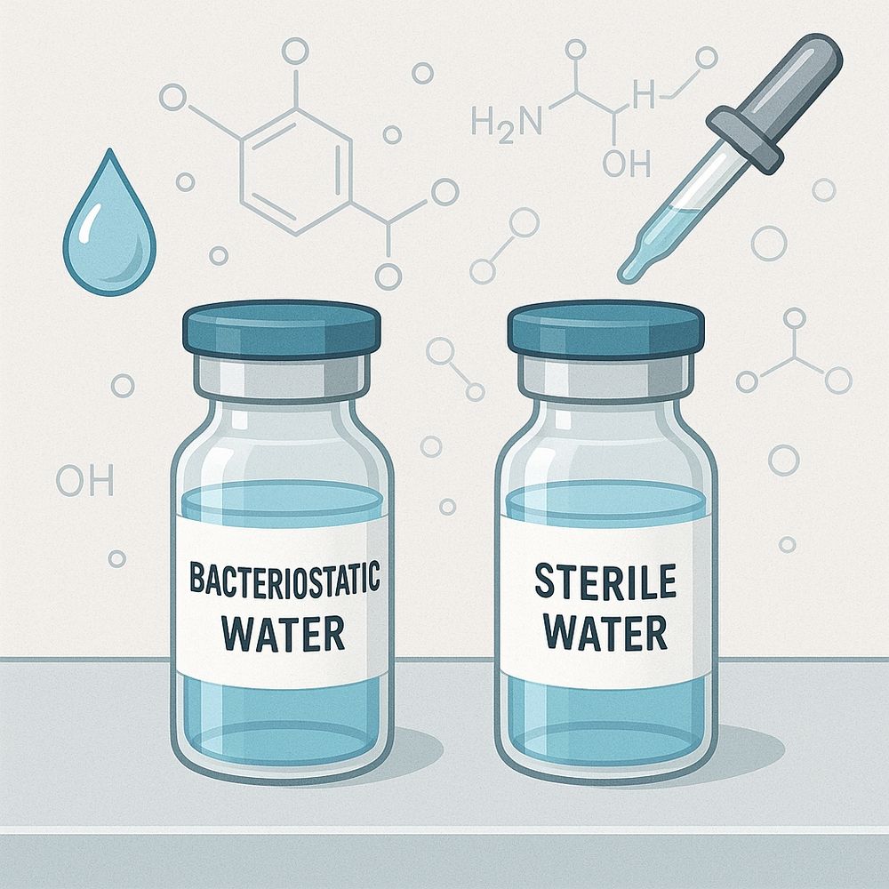 Two vials labeled 'Bacteriostatic Water' and 'Sterile Water' on a lab bench with pipettes, showing their difference for peptides.