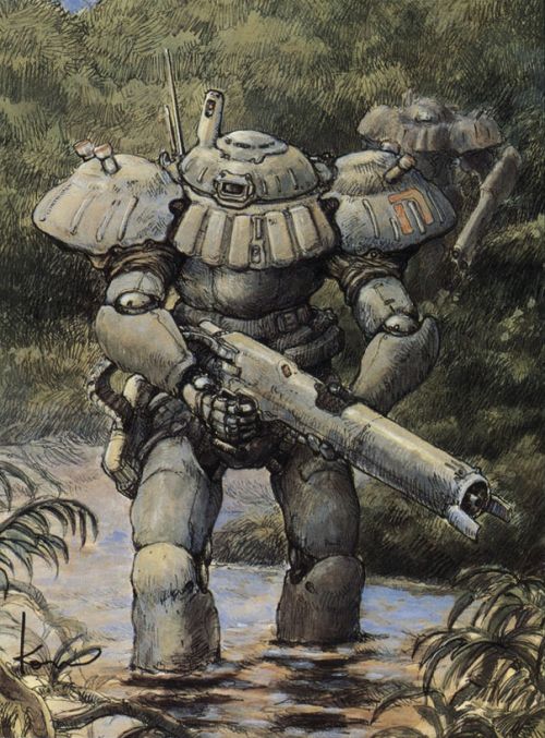 Two mecha moving through a jungle river.