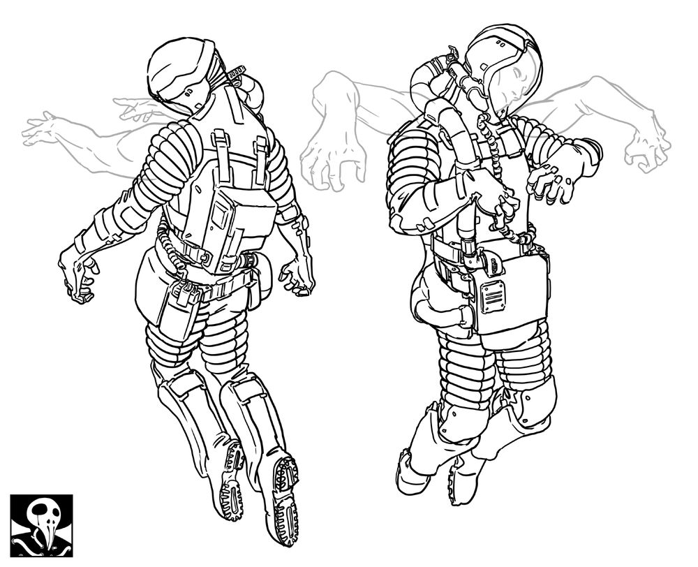 A possessed astronaut in a vacuum suit, featuring visible spectral limbs and face.