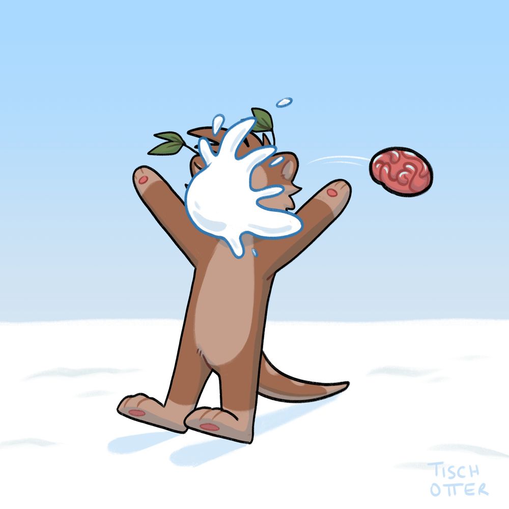 Tisch standing on snow, getting hit with a snowball. His brain flies out in the back
