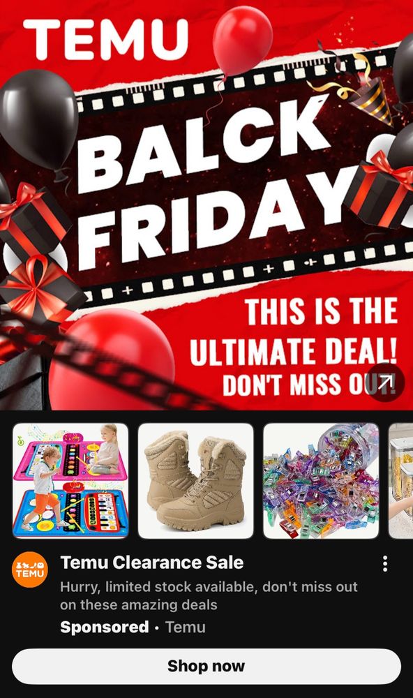 Screenshot of a static YouTube ad for Temu's "BALCK FRIDAY" promotion. 
