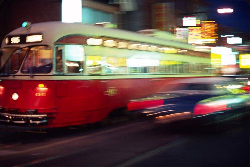 The classic PCC streetcar pictured on Dundas Street in 1980 in the evening.