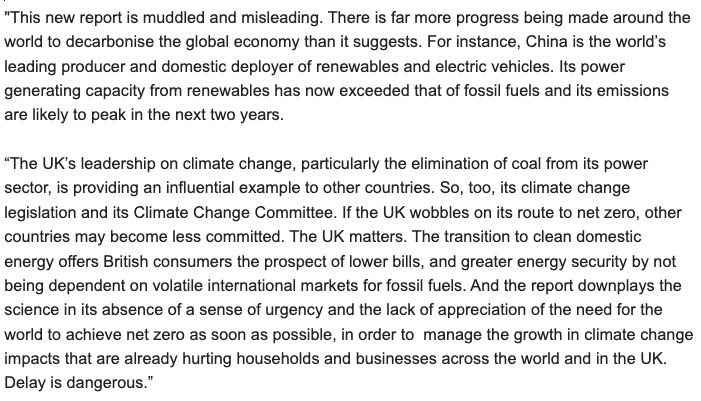 Stern quote: "This new report is muddled and misleading. There is far more progress being made around the world to decarbonise the global economy than it suggests."
