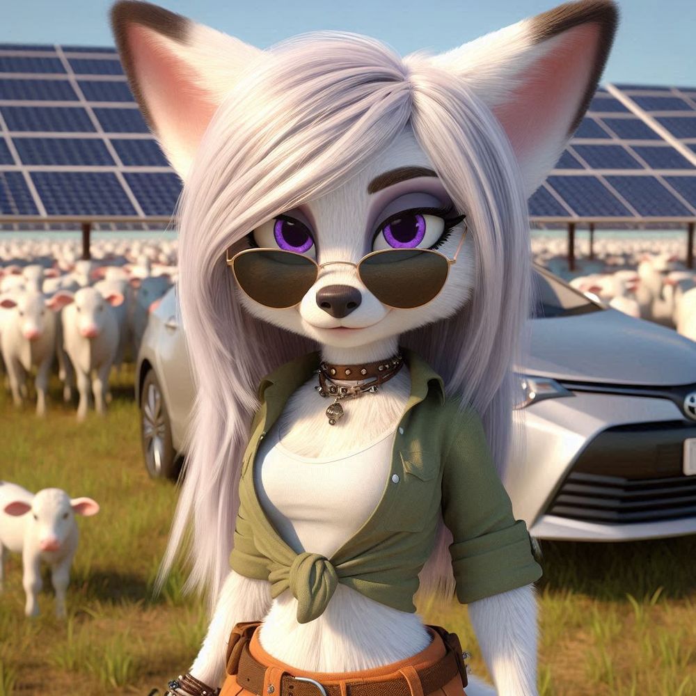 Liberty Fox est une illustration animée d'un personnage anthropomorphe ressemblant à un renard avec une apparence féminine. Elle a de longs cheveux blancs lisses qui encadrent son visage et descendent sur ses épaules. Ses yeux sont violets et brillants, souvent mis en valeur par des lunettes de soleil perchées sur son nez. Elle porte un haut blanc ajusté sous une chemise verte ouverte et nouée à la taille, ainsi qu'un pantalon orange avec une ceinture large. Autour de son cou, elle a un collier clouté, et des bracelets ornent ses poignets. Elle se tient devant un paysage avec des panneaux solaires et un troupeau de vaches blanches, ainsi qu'une voiture grise à ses côtés, suggérant un décor rural et technologique. Son expression est confiante et son style est aventureux.