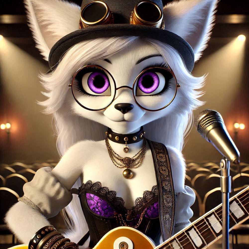 Neutrality la renarde corsac est habillée dans un style steampunk. Elle porte un chapeau haut-de-forme orné de lunettes à vapeur, typiques du genre steampunk. Ses yeux sont d'un violet éclatant, accentués par de grandes lunettes rondes. Elle est vêtue d'un corset violet et noir, qui laisse entrevoir sa fourrure blanche. Autour de son cou, elle porte un collier clouté et plusieurs chaînes avec des médaillons dorés. Elle tient une guitare jaune, et se tient devant un microphone, suggérant qu'elle est en train de chanter ou de jouer de la musique sur scène. L'arrière-plan montre une salle de spectacle avec des lumières tamisées, ajoutant à l'ambiance de performance.
