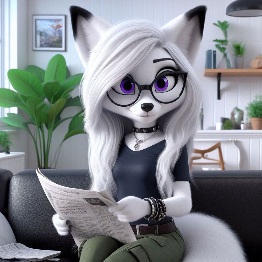 Le personnage, Neutrality Fox, est assis sur un canapé dans un salon moderne et lumineux, absorbé par la lecture d'un journal. La pièce est décorée avec goût, incluant des plantes vertes luxuriantes, des étagères garnies de livres et d'objets décoratifs, ainsi qu'une grande fenêtre laissant entrer une lumière naturelle abondante. Le personnage porte un collier avec un pendentif distinctif, un t-shirt noir, et un pantalon vert avec une ceinture marron. L'ambiance générale est décontractée et accueillante, créant une atmosphère chaleureuse et confortable.