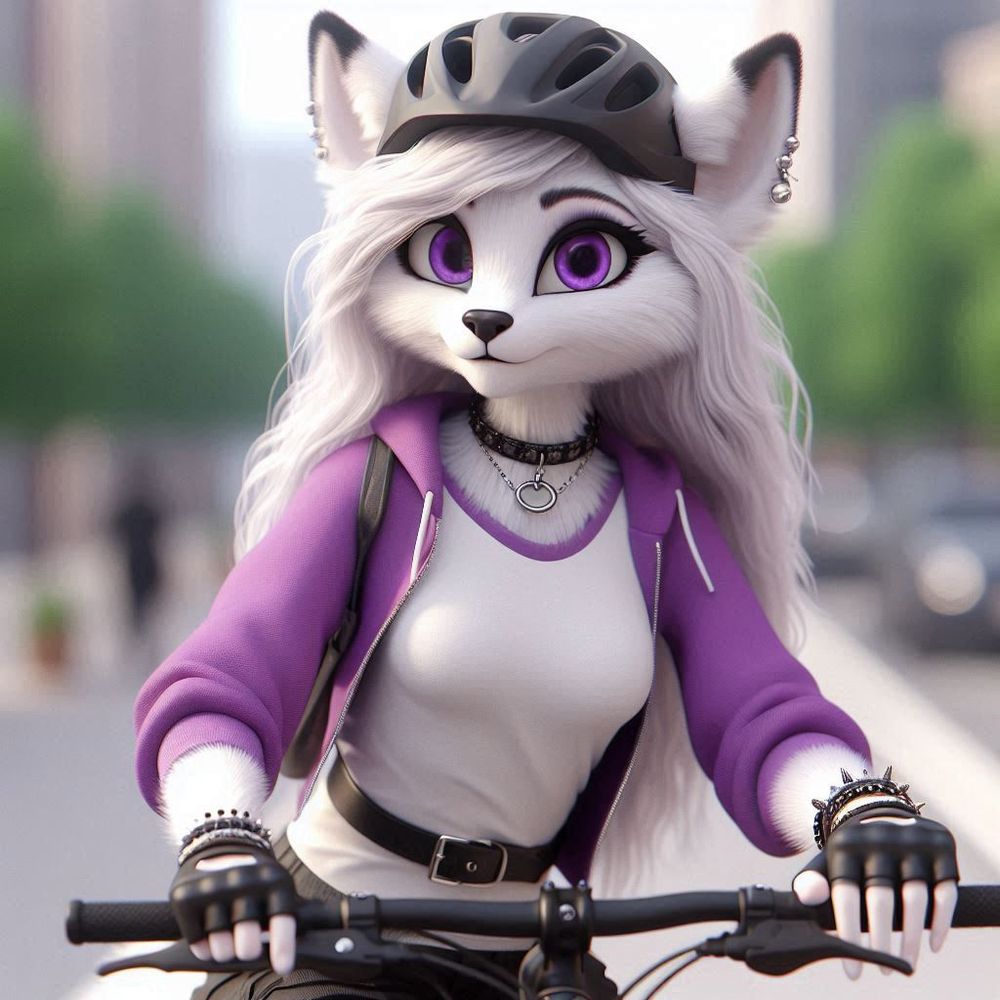 L'image montre une renarde anthropomorphe blanche avec de longs cheveux blancs et des yeux violets intenses. Elle porte un casque de vélo noir et une veste violette par-dessus un haut blanc. Elle a également un collier noir avec un pendentif en forme de serrure et plusieurs bracelets à ses poignets. Elle est assise sur un vélo, tenant le guidon avec des gants noirs. L'arrière-plan montre une scène urbaine floue avec des immeubles et des arbres verts, suggérant qu'elle est en train de faire du vélo en ville.