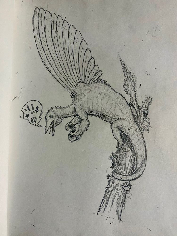 A pencile sketch of a large drepanosaur clinging to a mossy branch by hind limbs and prehensile tail (and tailtip claw!) with its haevy clawed forelimbs raised in a defensive posture, a tall crest of "feathers" on its shoulder hump. A speech balloon filled with grawlix comes from its birdlike face. 