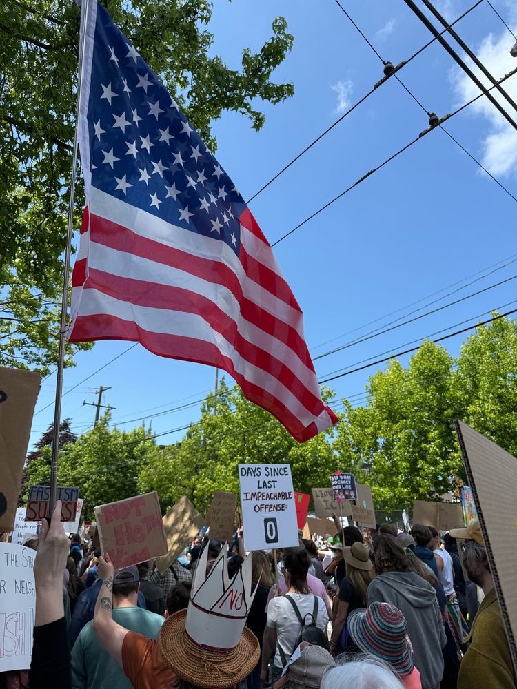 American flag amid marchers.