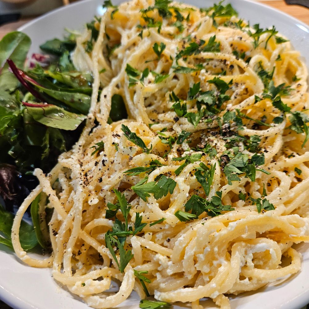 Tonight's dinner: Pastice (Spaghetti with Feta) from the cookbook The Albanian Table by Merita Dovolani #hungrybear #bearsinthekitchen #cookingwithbears #cookingaroundtheworld #albania🇦🇱 