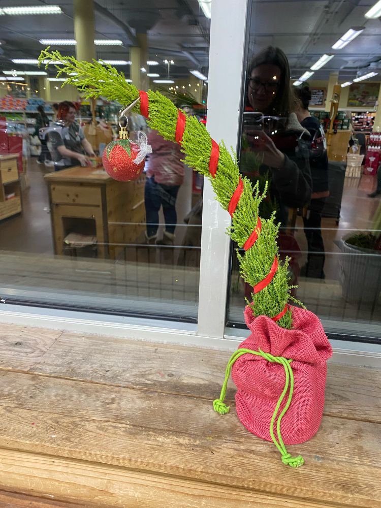 One small evergreen branch stuck in a small sack bends dramatically with one small ornament on it. It sits alone on a grocery store shelf. 