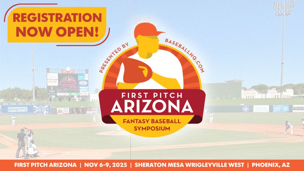 First Pitch Arizona graphic with logo, dates/location, and "registration now open" banner.