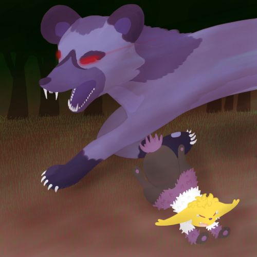 Art of my oc Theo as a fruit fox, diving away from a large maned wolf-bear beast that is lunging forwards. Theo is upset and crying, while the other beast has its claws out, teeth bared, and red glowing eyes.