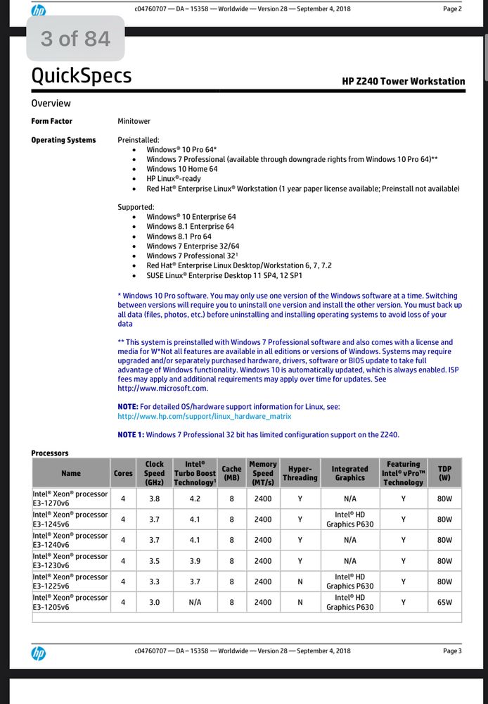 Page 3 of 84 of HP Z240 Workstation QuickSpecs PDF 
