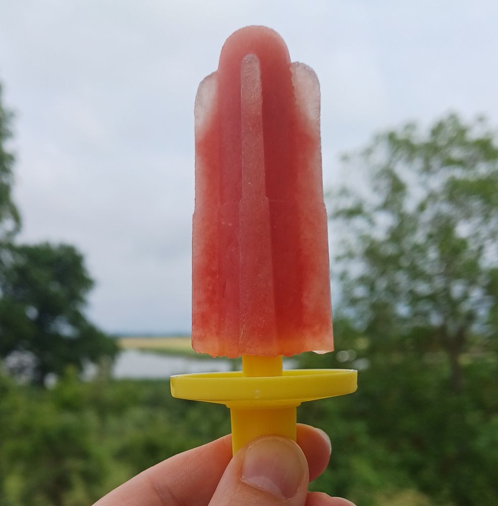 Hand hält ein rotes Eis am Stiel mit gelbem Halter vor unscharfem Hintergrund aus Bäumen und Himmel