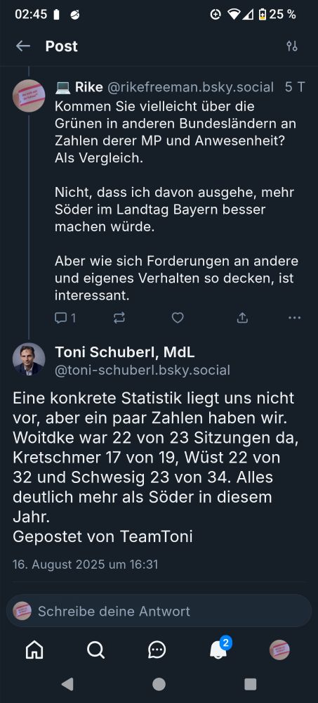 Frage an @toni_schuberl ob es Zahlen zur Anwesenheit anderer MP in deren Landtagen gibt und die Antwort seines Teams: Es gibt keine vollständige Statistik, aber einzelne Zahlen: Woitdke 22 von 23 Sitzungen, Kretschmer 17 von 19, Wüst 22 von 32 und Schwesig 23 von 34.
