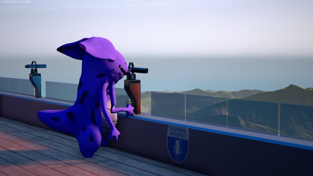 Purple grinning dinosaur alien looking out through binoculars at a mountain, holding a beer.