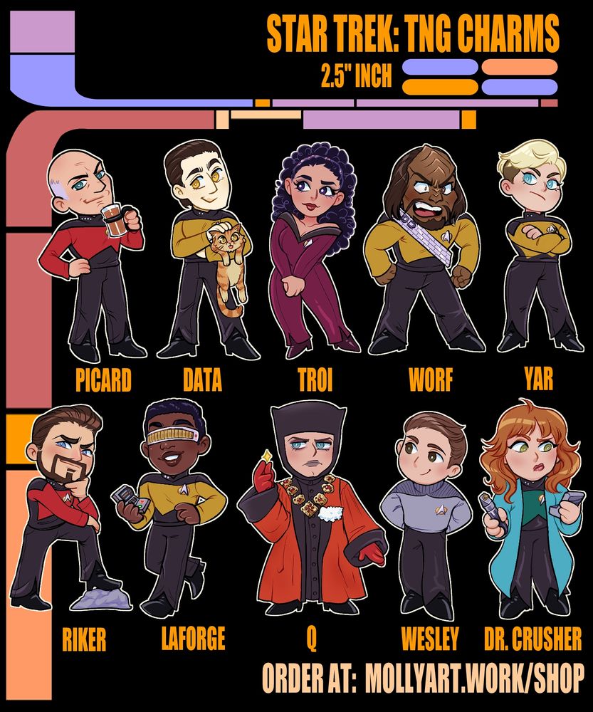a graphic that looks like a Star Trek Enterprise computer panel showing cute chibi style charms of all the Next Generation Crewmembers, including Picard, Data, Troi, Worf, Yar, Riker, Laforge, Q, Wesley and Dr. Crusher.