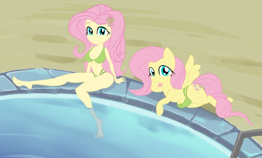 Human and pony fluttershy relaxing at the pool