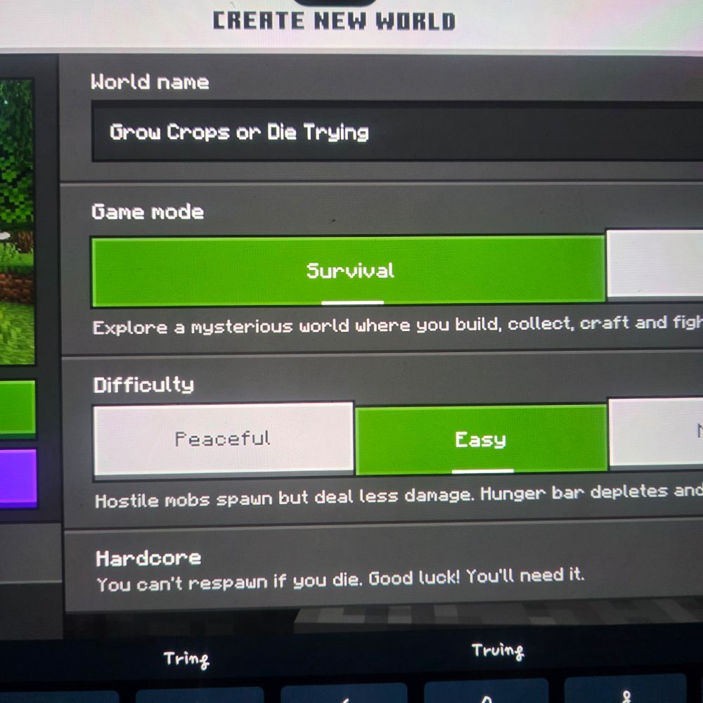Screenshot of Samsung tablet screen showing an Easy Minecraft survival game called Grow Crops or Die Trying