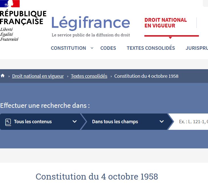Capture d'écran de la page de la Constitution du 4 octobre 1958 sur Légifrance 