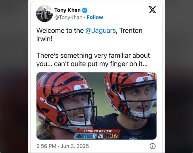 A tweet from Tony Khan welcoming a 'familiar' face to the Jaguars.